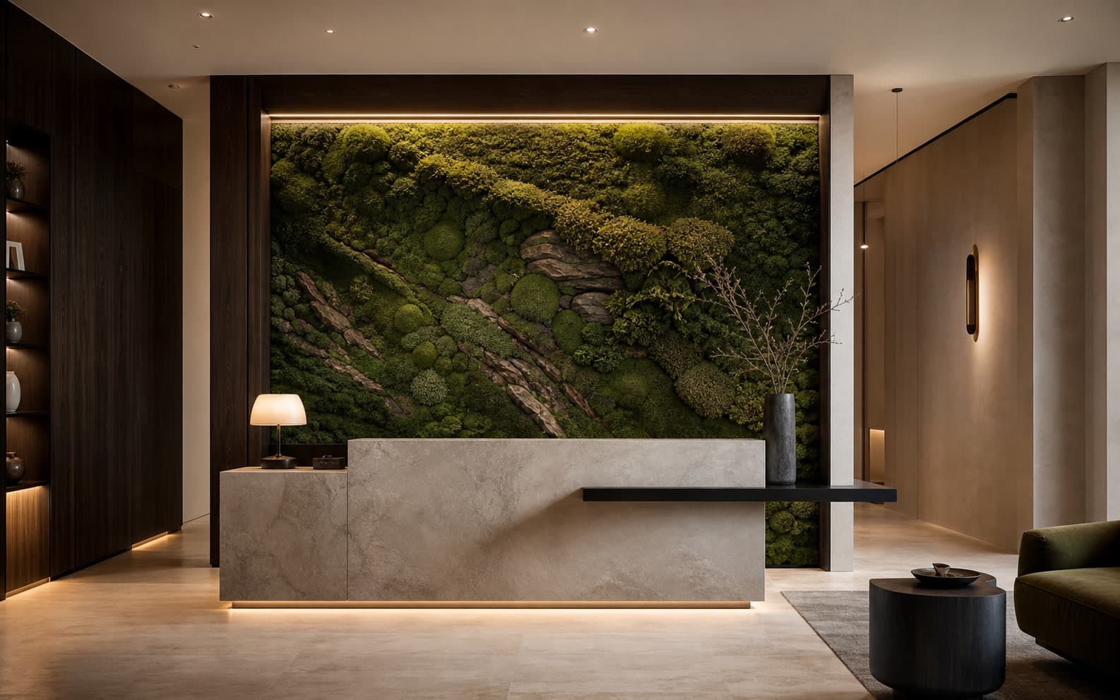 Recepție comercială cu perete verde premium